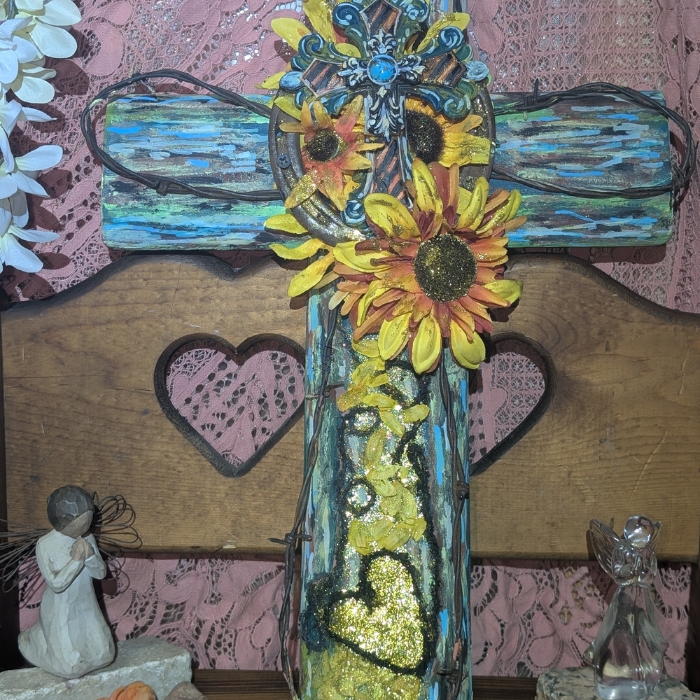 Sunflower Decorative Wall Cross - Yellow & Blue - Unknown Brand
